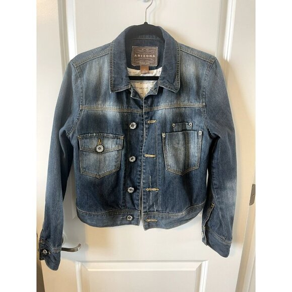 Womens Arizona Denim Jacket vintage Dark washed Jacket L LOVE NOT WAR lining - Picture 1 of 7
